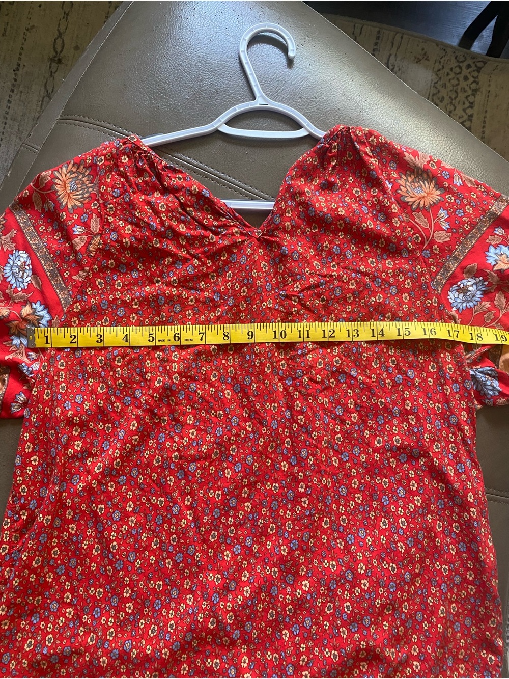 Red Floral Short-Sleeve V-Neck Women's Blouse